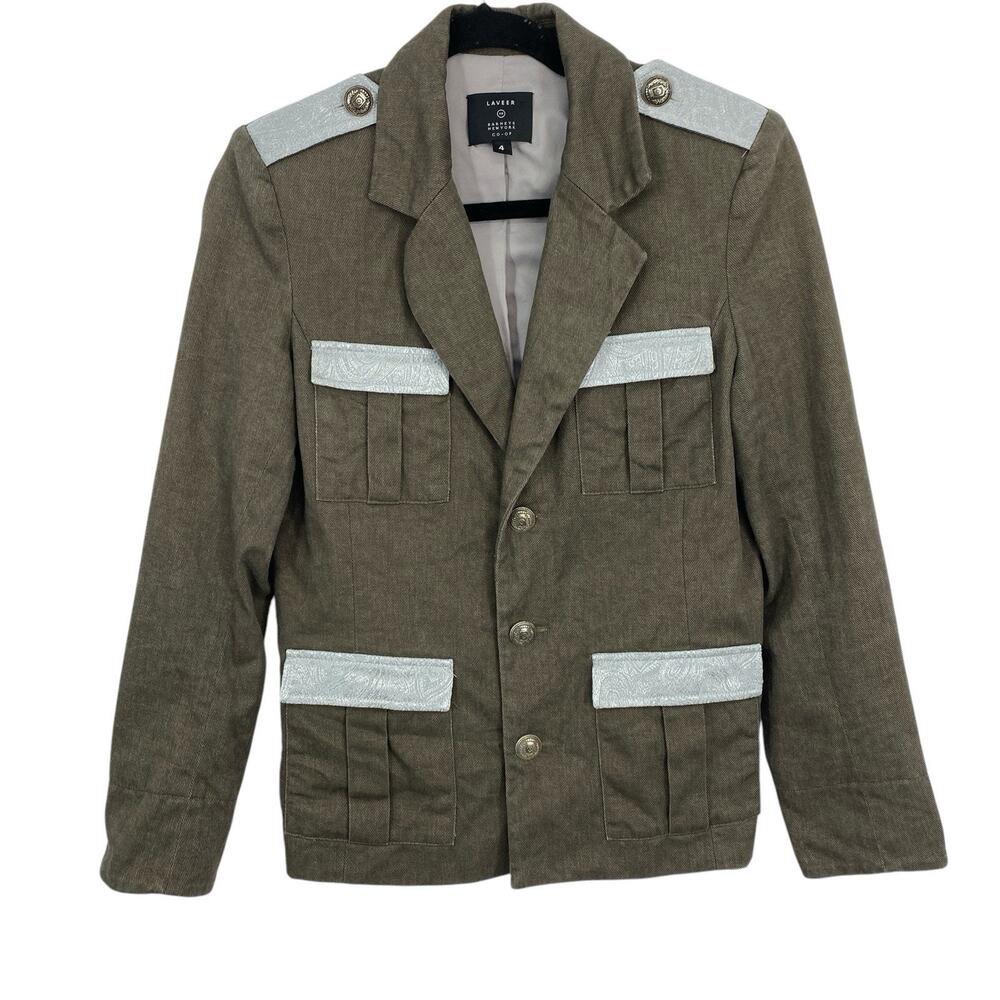 Laveer Barneys NY Military Blazer 4 Gray Silver Trim Structured Jacket